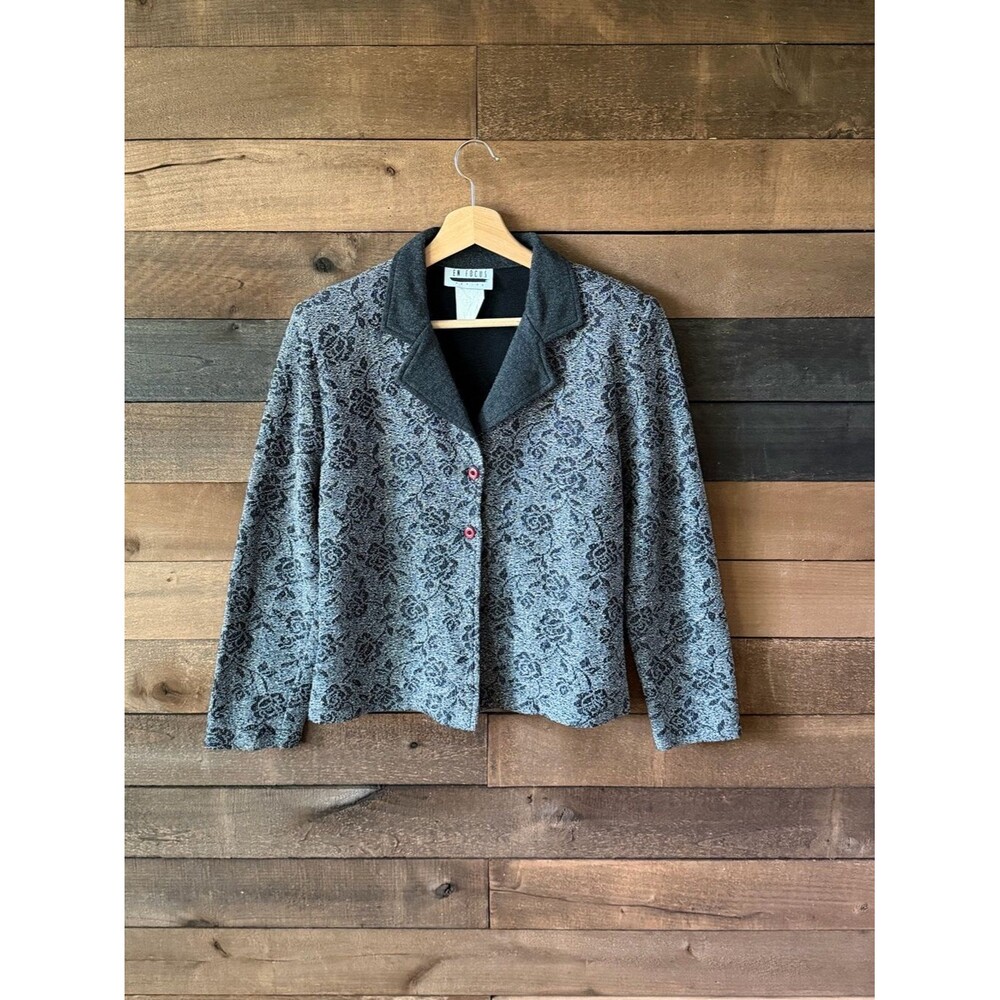 Vintage 90s En Focus Floral Knit Blazer Jacket Gray Black Size 10
